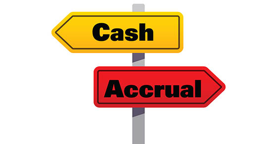 Print - Botwinick & Company LLC Two directional street signs on a pole, yellow “Cash” and red “Accrual,” symbolizing cash vs. accrual accounting options.